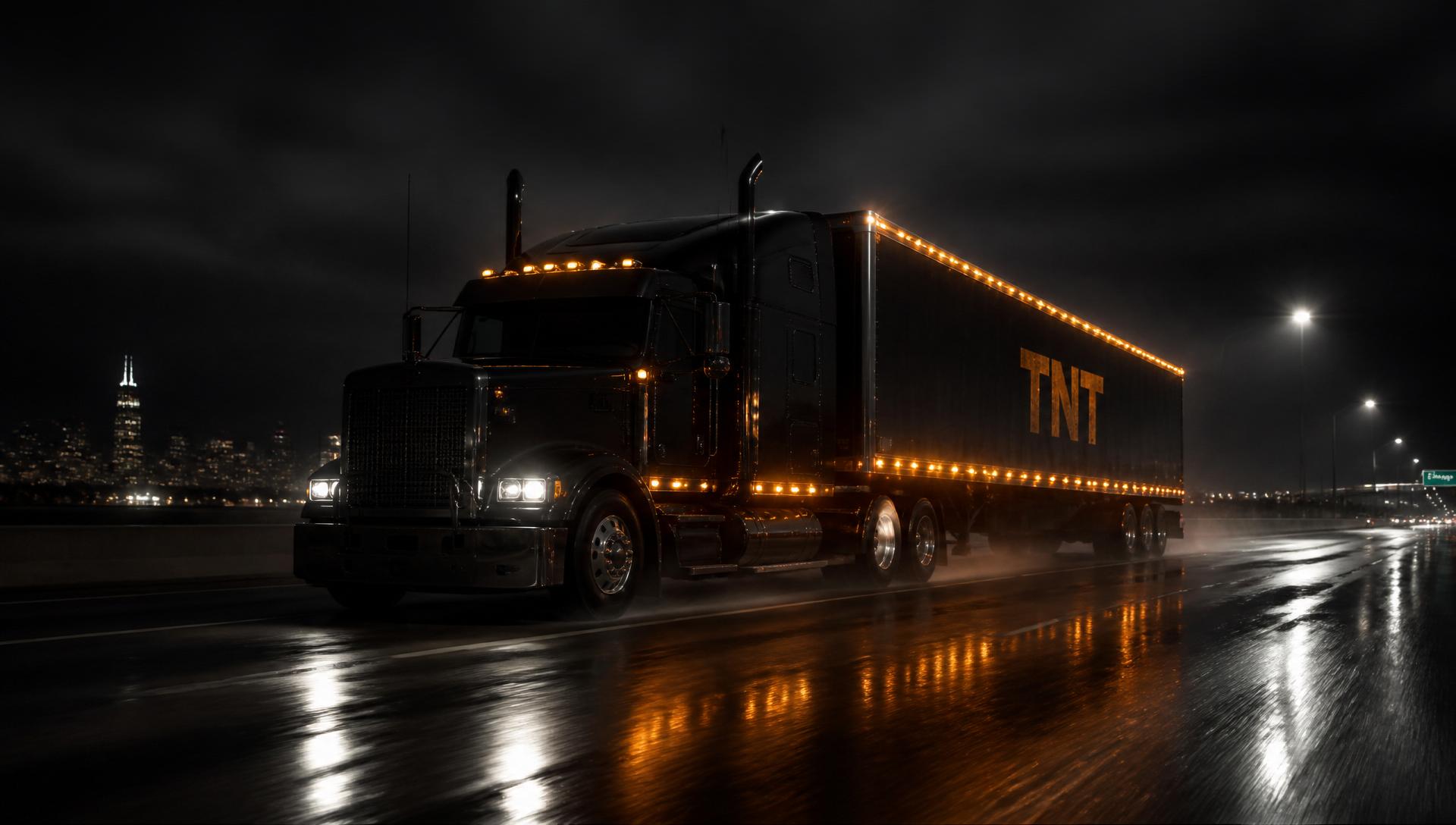 TNT semi-truck at night